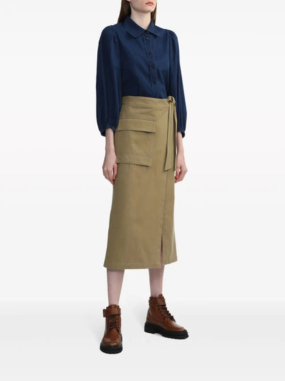 Tie-Fastening Cotton Midi Skirt