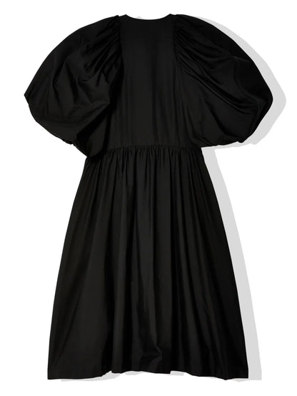 Pleated Puff-Sleeve Cotton Dress