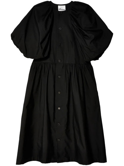 Pleated Puff-Sleeve Cotton Dress