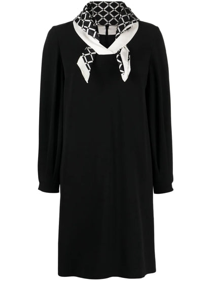 Attached-Scarf Crepe Midi Dress