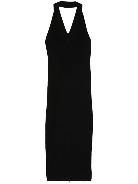 Halterneck Ribbed-Knit Midi Dress