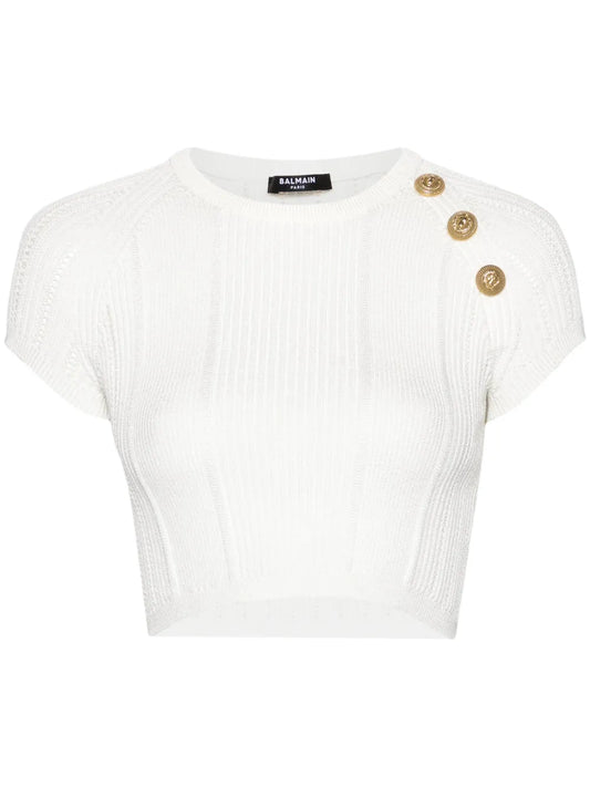 3-Button Open-Knit Cropped Top