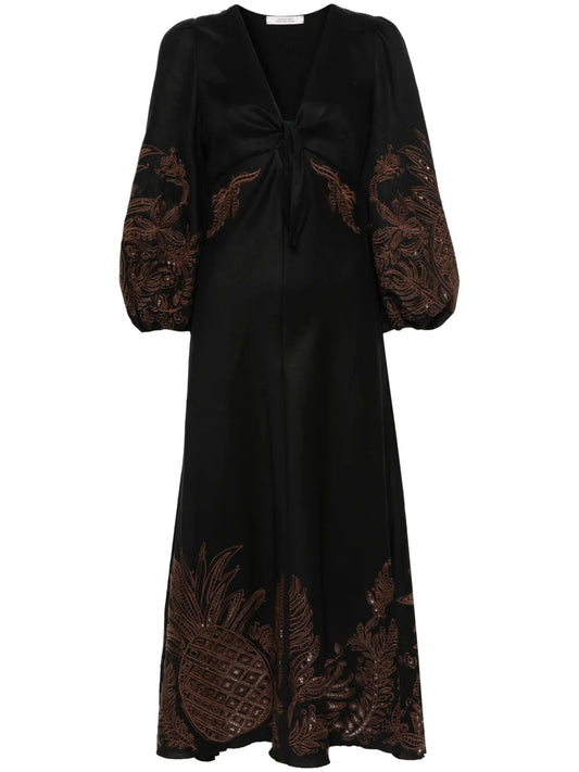 Pineapple Embroidery Linen Midi-Dress