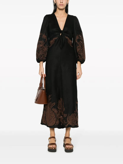 Pineapple Embroidery Linen Midi-Dress