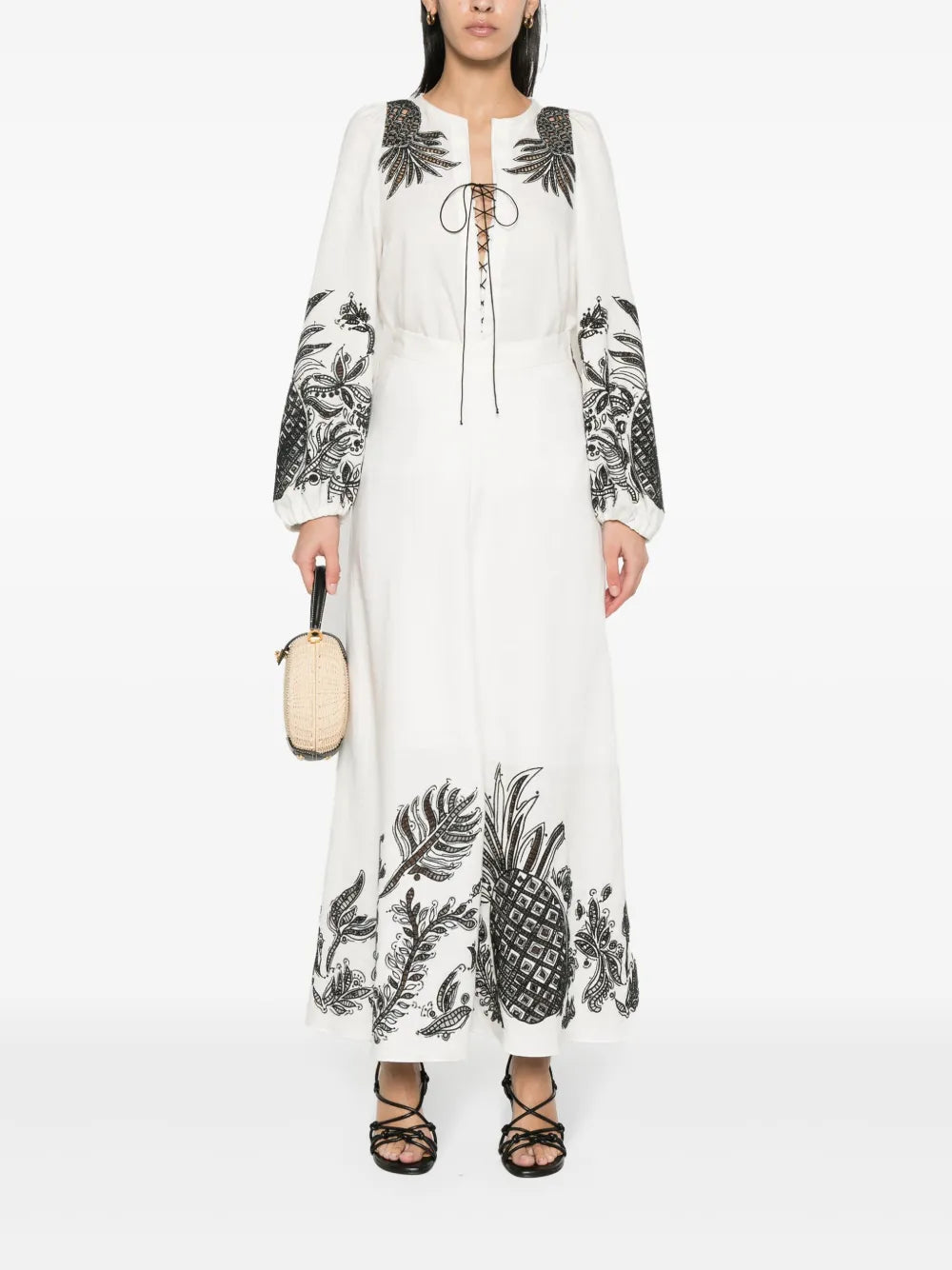Pineapple-Embroidery A-Line Linen Skirt