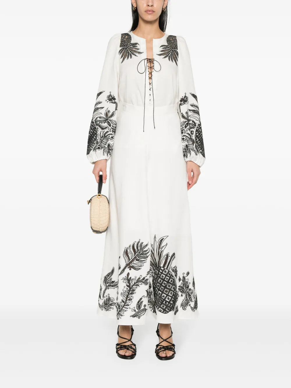 Pineapple Embroidery Lace-Up Linen Blouse