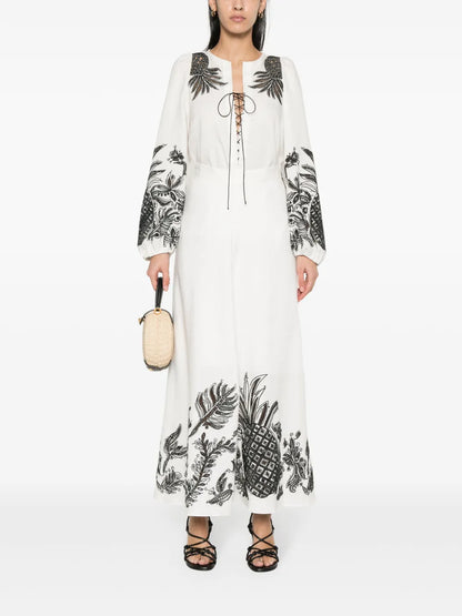 Pineapple Embroidery Lace-Up Linen Blouse