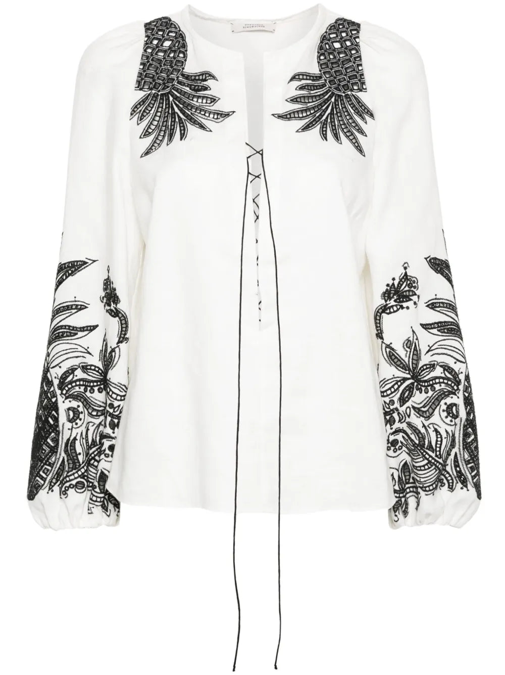 Pineapple Embroidery Lace-Up Linen Blouse