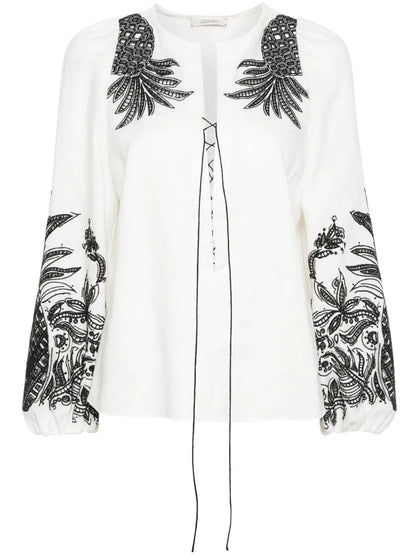 Pineapple Embroidery Lace-Up Linen Blouse