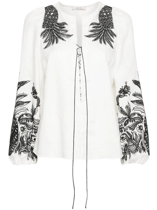 Pineapple Embroidery Lace-Up Linen Blouse