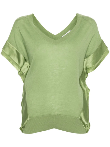Glossy-Appliqué Short-Sleeved Knitted Top