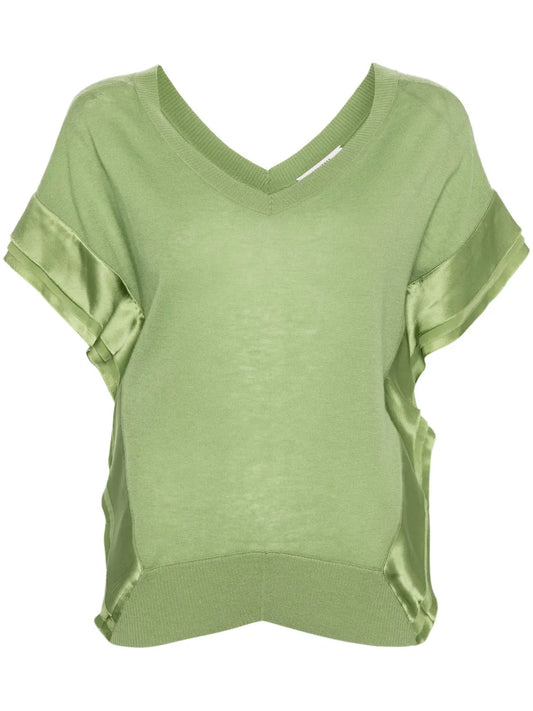 Glossy-Appliqué Short-Sleeved Knitted Top