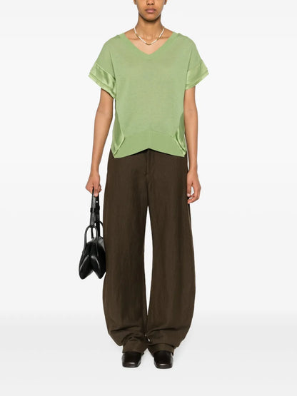 Glossy-Appliqué Short-Sleeved Knitted Top