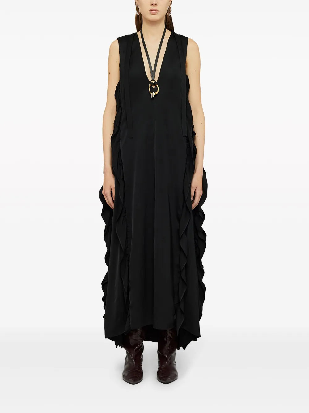 Ruffle-Trim Satin Maxi Dress