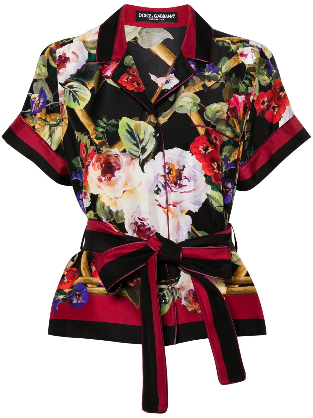Floral-Print Belted Silk Shirt