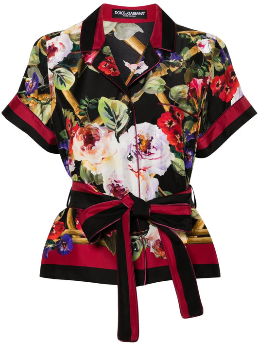Floral-Print Belted Silk Shirt