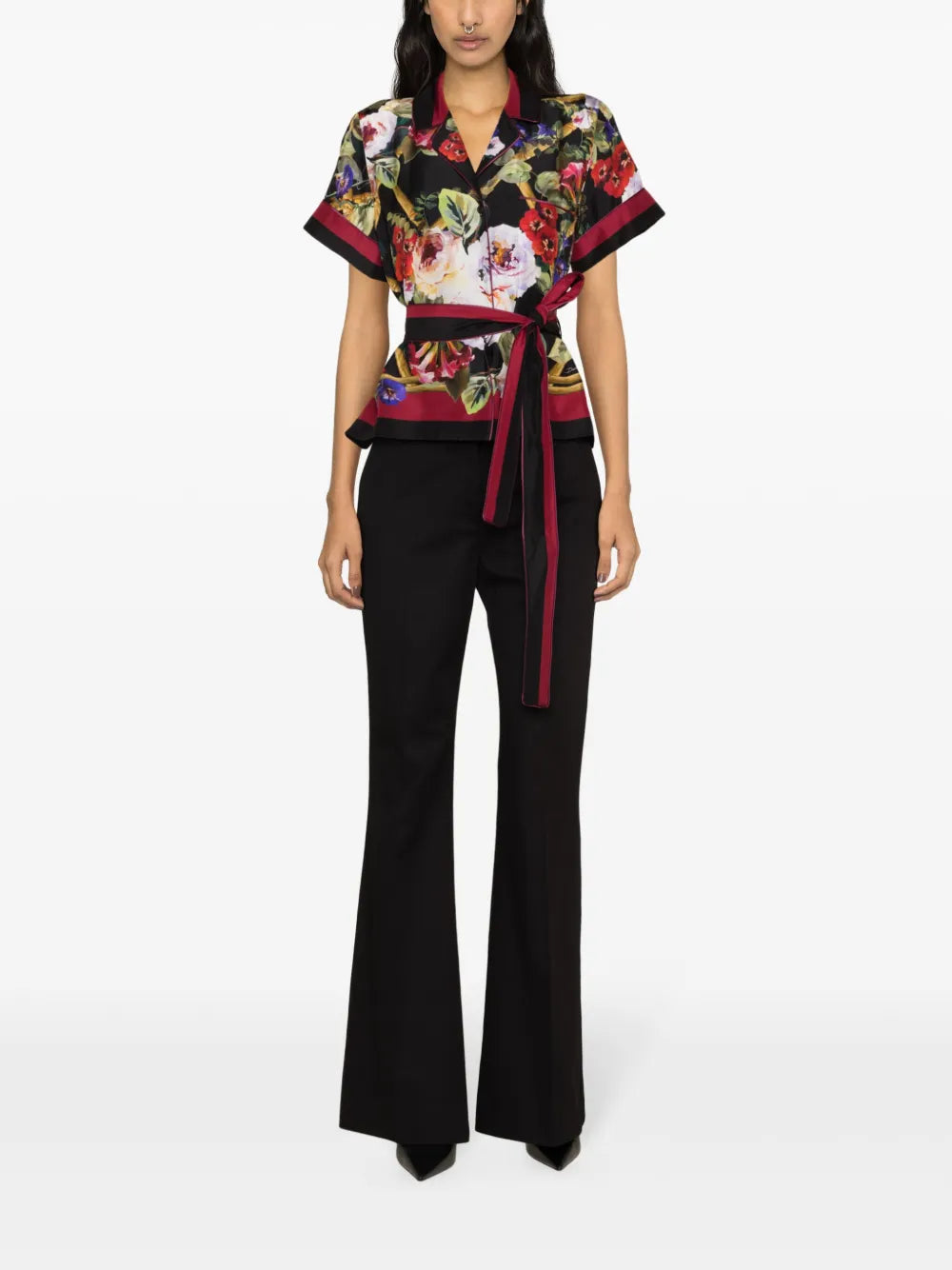 Floral-Print Belted Silk Shirt