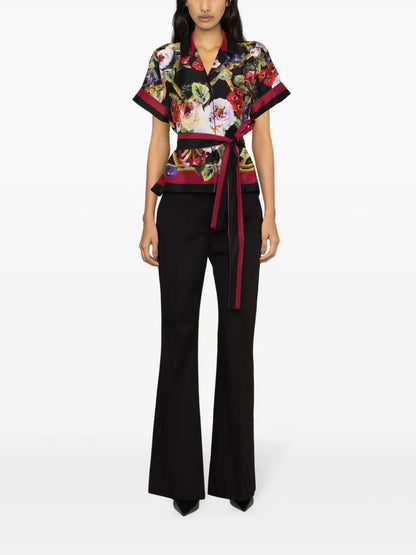 Floral-Print Belted Silk Shirt