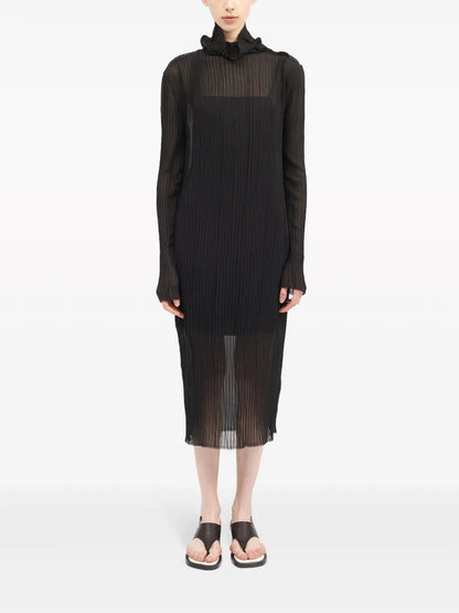 Long Sleeves Plissé Midi Dress