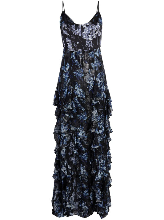 Glenda Floral-Print Ruffled Gown
