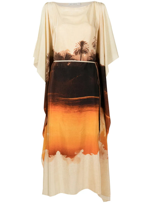 Landscape-Print Silk Kaftan
