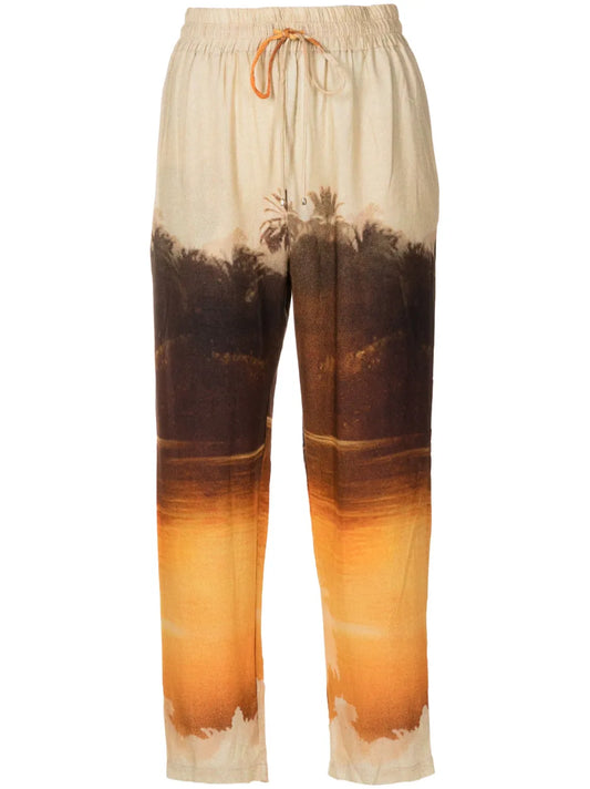 Landscape-Print Cropped Trousers