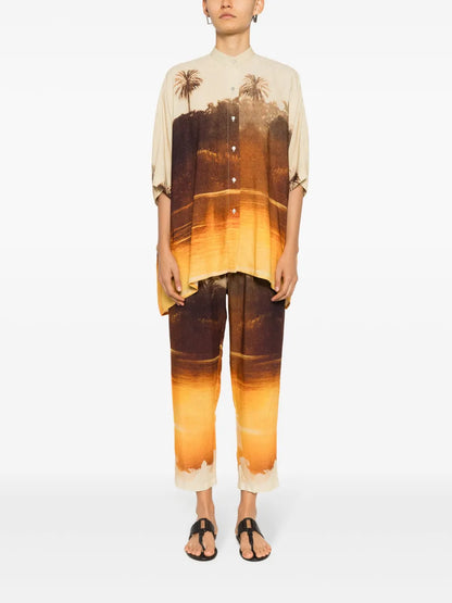 Landscape-Print Cropped Trousers