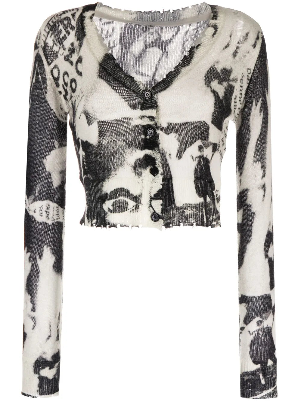 Newspaper-Print Cropped Cashmere Cardigan