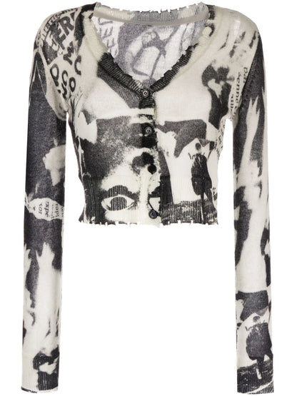 Newspaper-Print Cropped Cashmere Cardigan