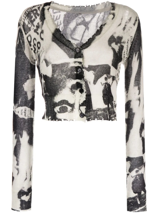 Newspaper-Print Cropped Cashmere Cardigan
