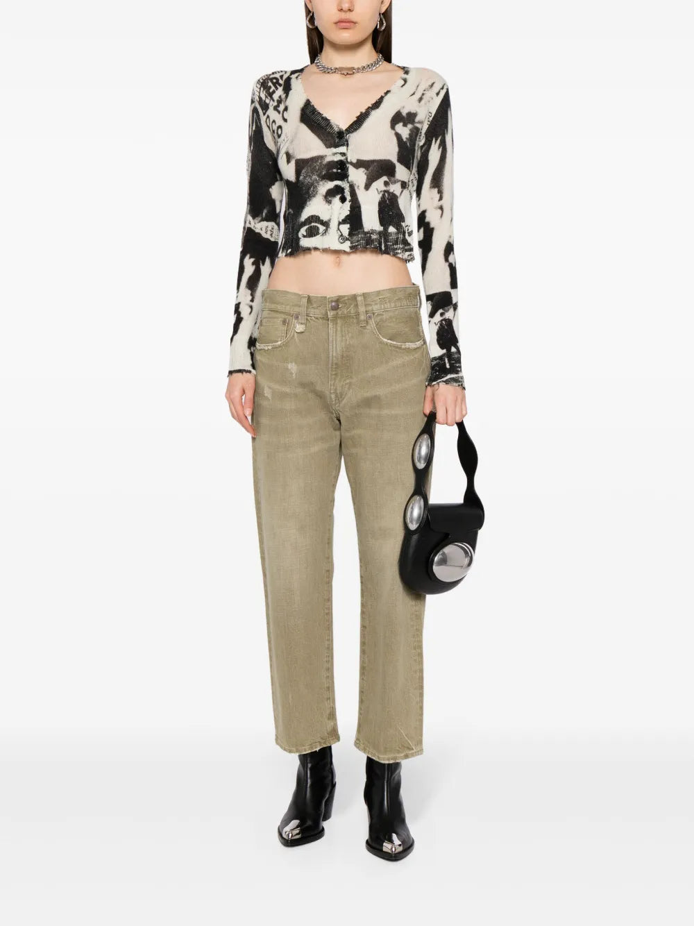 Newspaper-Print Cropped Cashmere Cardigan