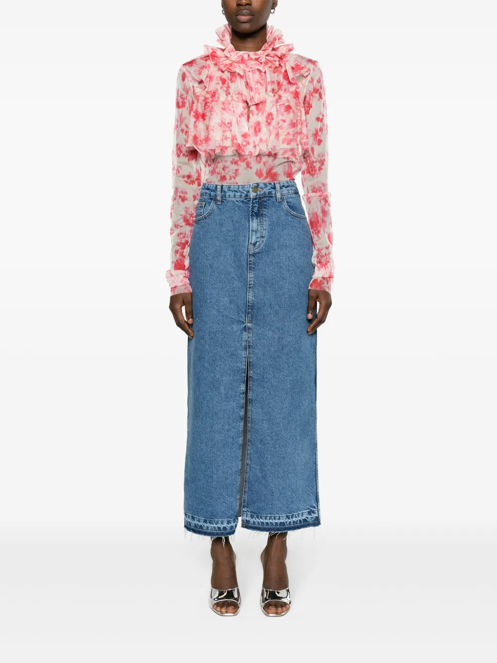 Mid-Rise Denim Maxi Skirt