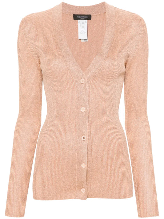 Metallic-Threading Ribbed-Knit Cardigan