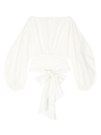 Boat-Neck Tie-Waist Poplin Top