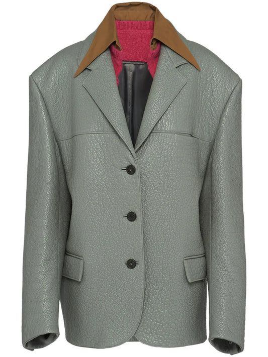 Layered-Collar Leather Blazer