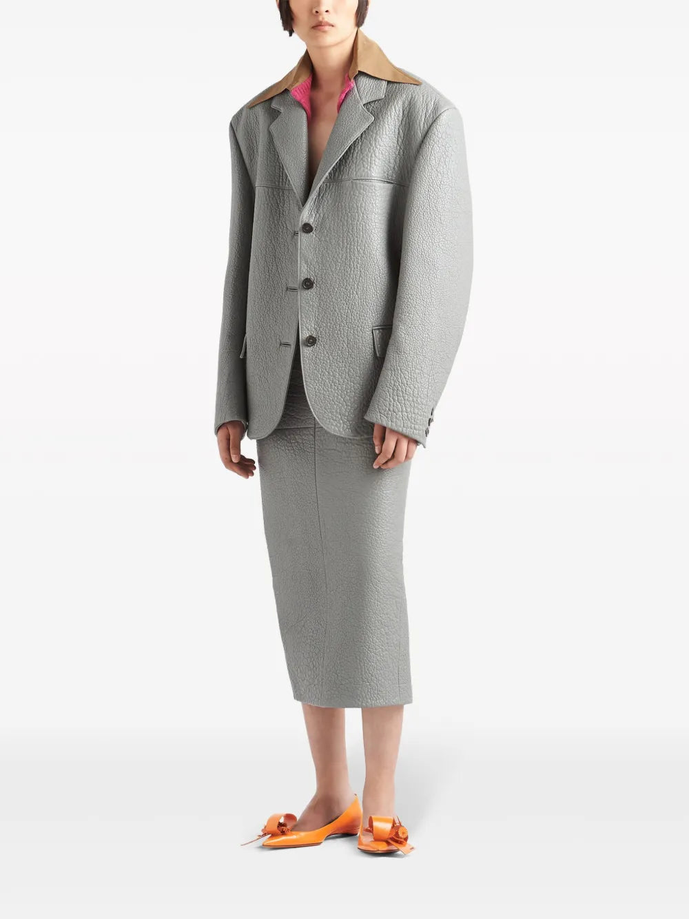 Layered-Collar Leather Blazer