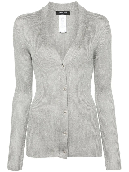 Metallic-Threading Ribbed-Knit Cardigan