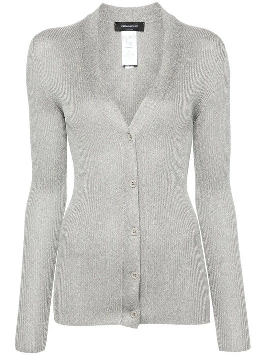 Metallic-Threading Ribbed-Knit Cardigan