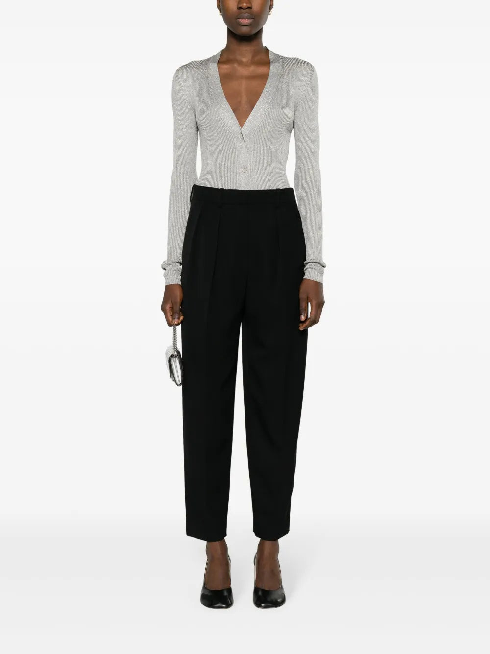 Metallic-Threading Ribbed-Knit Cardigan