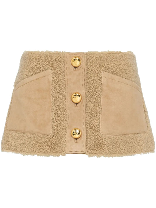 Button-Up Shearling Miniskirt
