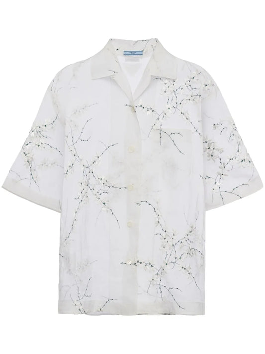 Floral-Embroidered Sheer Silk Shirt