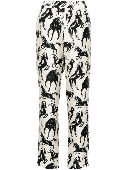 Horse-Print Silk Tapered Trousers