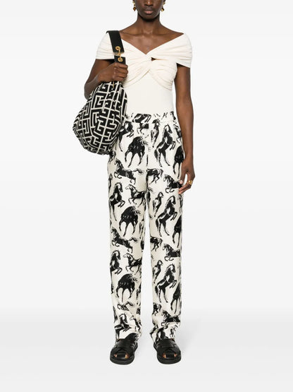 Horse-Print Silk Tapered Trousers