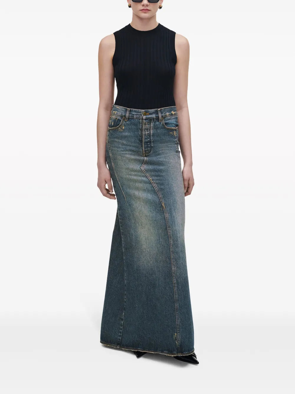 Fluted Denim Maxi Skirt