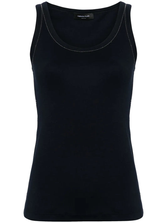 Beaded-Trim Fine-Ribbed Tank Top
