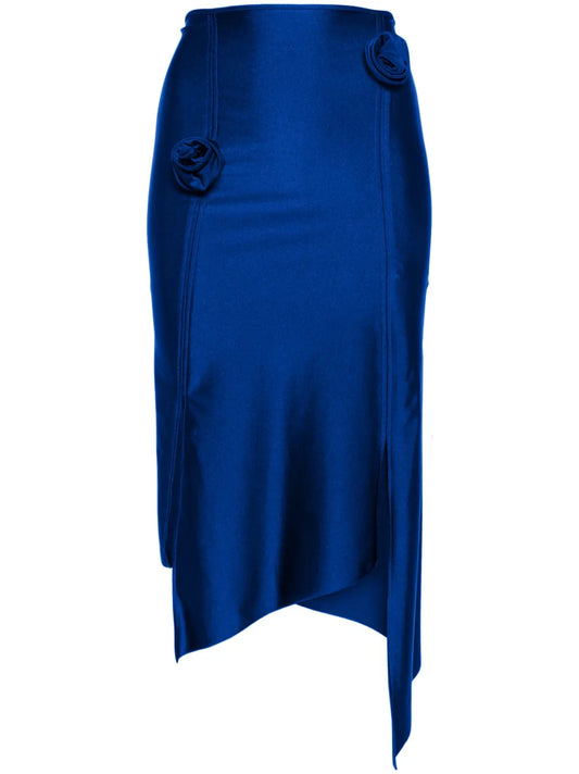 Floral-Appliqué Asymmetric Midi Skirt