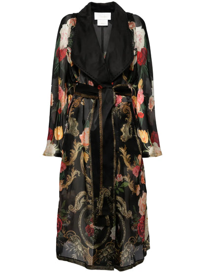 Floral-Print Silk Coat