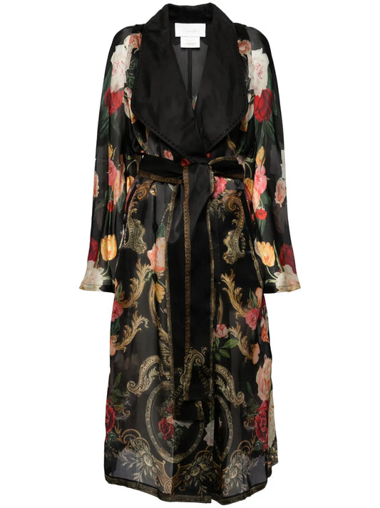 Floral-Print Silk Coat