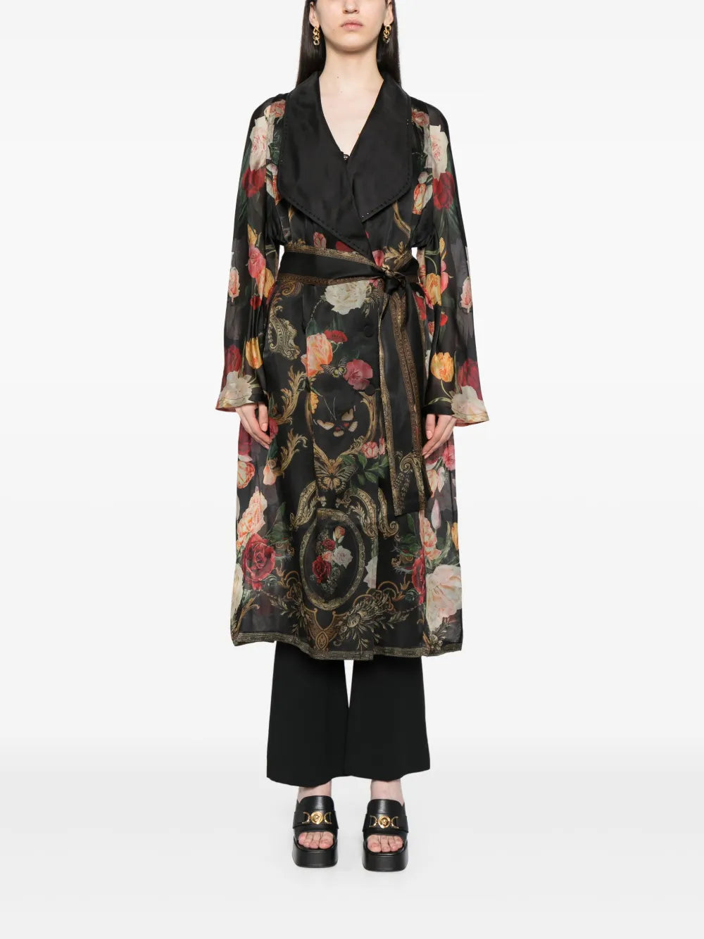 Floral-Print Silk Coat