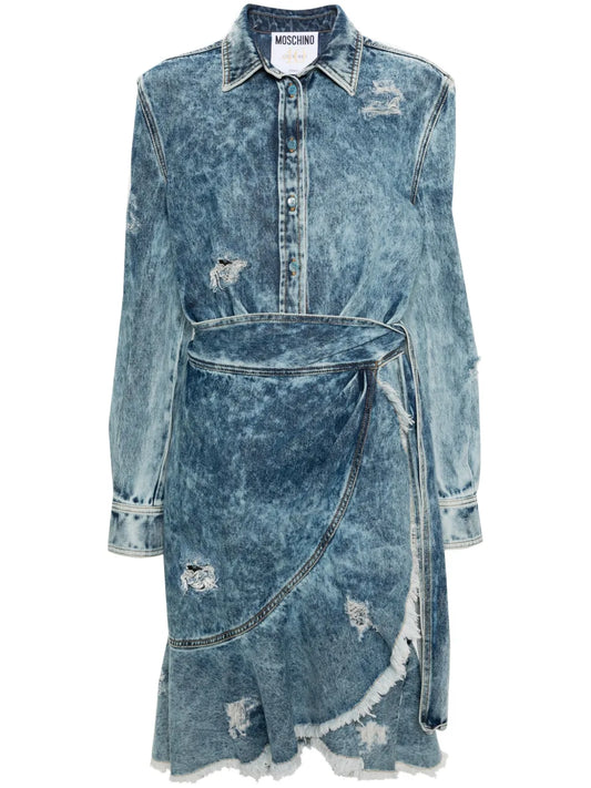 Wraparound Distressed-Denim Dress